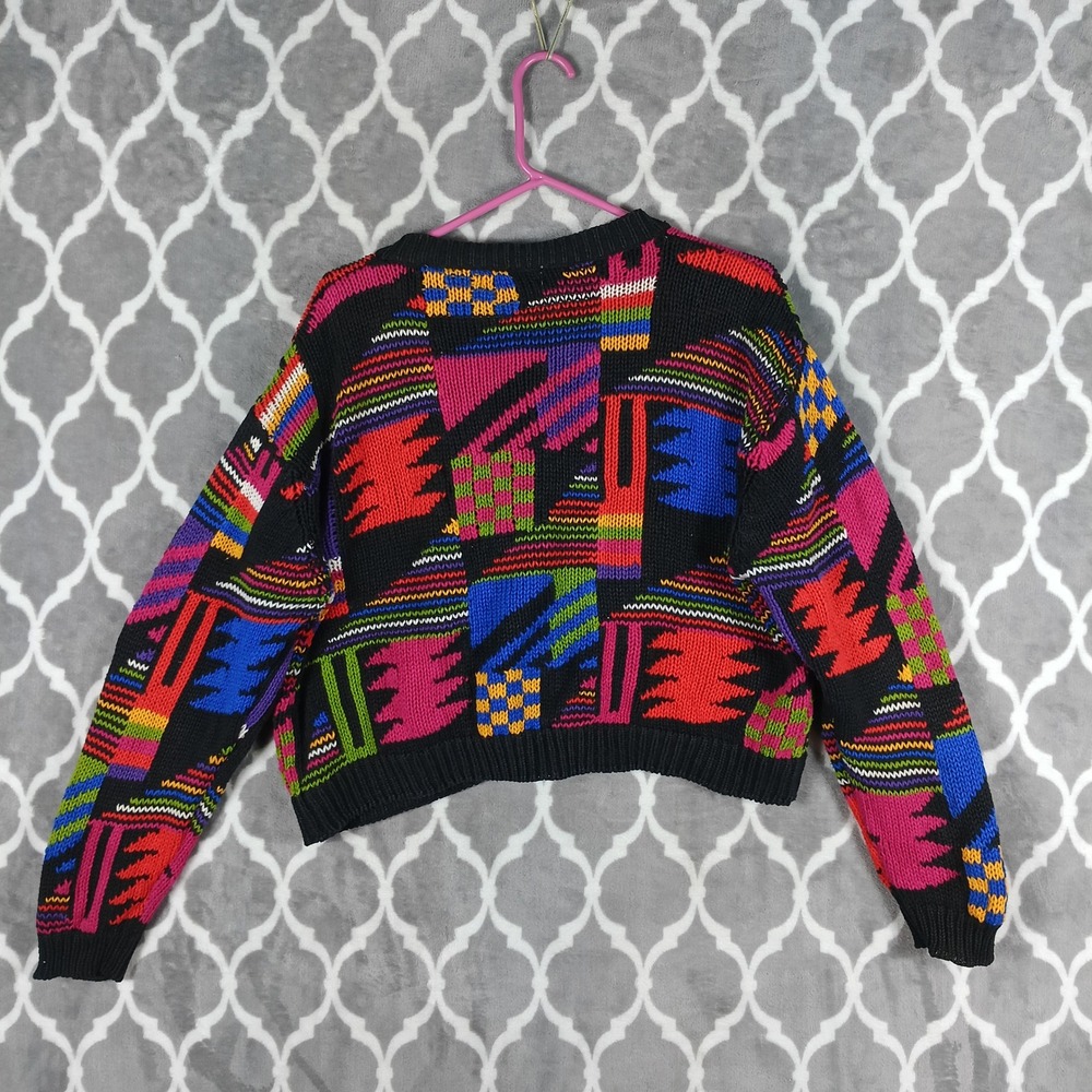 Vintage 80s Cardigan Sweater Women Size S Multicolor Geometric Triangle Button - Picture 3 of 7